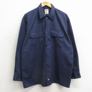 古着 ディッキーズ Dickies 長袖 ワーク シャツ メンズ 紺 ネイビー XLサイズ 中古 トップス 中古 古着