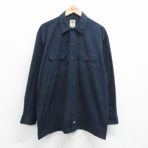 古着 ディッキーズ Dickies 長袖 ワーク シャツ メンズ 紺 ネイビー XLサイズ 中古 トップス 中古 古着