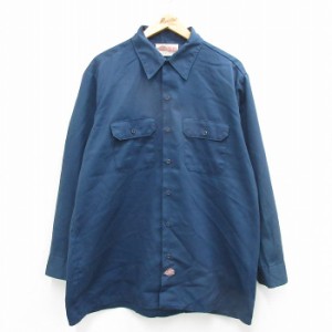 古着 ディッキーズ Dickies 長袖 ワーク シャツ メンズ 90年代 90s ロング丈 USA製 紺 ネイビー XLサイズ 中古 トップス 中古 古着