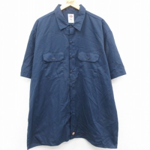 古着 ディッキーズ Dickies 半袖 ワーク シャツ メンズ 大きいサイズ ロング丈 紺 ネイビー XLサイズ 中古 トップス 中古 古着