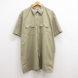 古着 ディッキーズ Dickies 半袖 ワーク シャツ メンズ ロング丈 ベージュ カーキ XLサイズ 中古 トップス 中古 古着