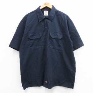 古着 ディッキーズ Dickies 半袖 ワーク シャツ メンズ 大きいサイズ ロング丈 紺 ネイビー XLサイズ 中古 トップス 中古 古着