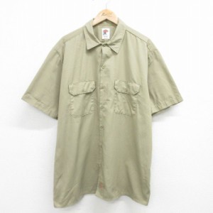 古着 ディッキーズ Dickies 半袖 ワーク シャツ メンズ 大きいサイズ ロング丈 ベージュ カーキ XLサイズ 中古 トップス 中古 古着