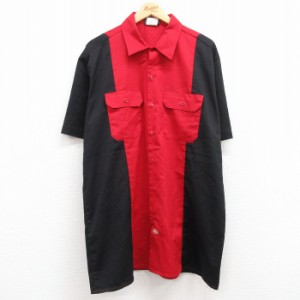 古着 ディッキーズ Dickies 半袖 ワーク シャツ メンズ ツートンカラー 大きいサイズ ロング丈 黒他 ブラック XLサイズ 中古  中古 古着