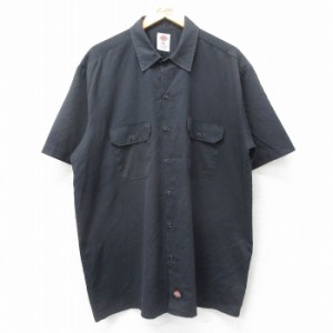 古着 ディッキーズ Dickies 半袖 ワーク シャツ メンズ 大きいサイズ ロング丈 黒 ブラック XLサイズ 中古 トップス 中古 古着