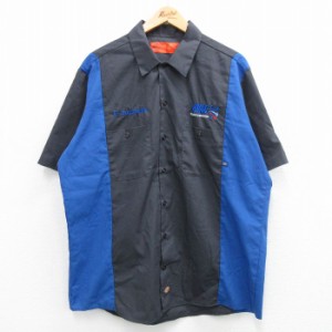 古着 ディッキーズ Dickies 半袖 ワーク シャツ メンズ HVAC ツートンカラー 大きいサイズ ロング丈 紺他 ネイビー XLサイズ  中古 古着