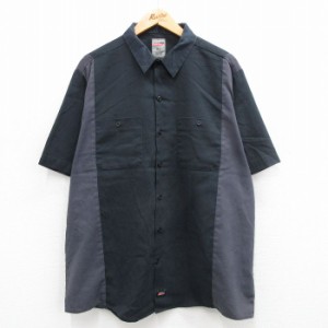 古着 ディッキーズ Dickies 半袖 ワーク シャツ メンズ 大きいサイズ ロング丈 黒他 ブラック XLサイズ 中古 トップス 中古 古着