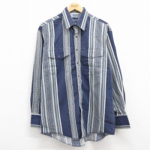 古着 ラングラー Wrangler 長袖 ウエスタン シャツ メンズ 90年代 90s コットン USA製 紺他 ネイビー ストライプ Lサイズ 中古 中古 古着