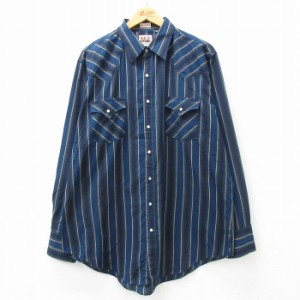 古着 ELY 長袖 ウエスタン シャツ メンズ 90年代 90s 大きいサイズ ロング丈 紺他 ネイビー ストライプ XLサイズ 中古 トップ 中古 古着