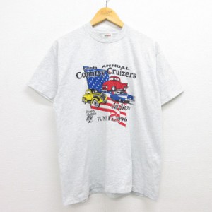 古着 半袖 ビンテージ Tシャツ メンズ 90年代 90s 車 ホットロッド HOT ROD アメ車 星条旗 クルーネック USA製 薄グレー 霜降 中古 古着