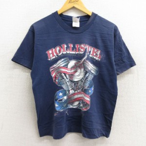 古着 半袖 ビンテージ Tシャツ メンズ 90年代 90s ホリスター Hollister バイク コットン クルーネック USA製 紺 ネイビー Lサ 中古 古着