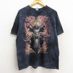 古着 半袖 Tシャツ メンズ バイク 死神 コットン クルーネック 紺他 ネイビー タイダイ XLサイズ 中古 中古 古着