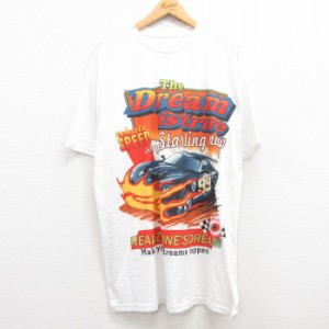 古着 半袖 Tシャツ メンズ レーシングカー 大きいサイズ ロング丈 クルーネック 白 ホワイト XLサイズ 中古 中古 古着