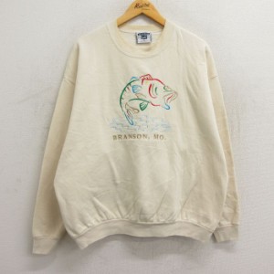 古着 リー Lee 長袖 スウェット メンズ 90年代 90s 魚 刺繍 クルーネック USA製 生成り XLサイズ 中古 スエット トレーナー ト 中古 古着