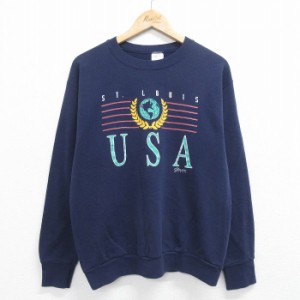 古着 長袖 スウェット メンズ 90年代 90s USAロゴ セントルイス 地球 クルーネック 紺 ネイビー Mサイズ 中古 スエット トレー 中古 古着