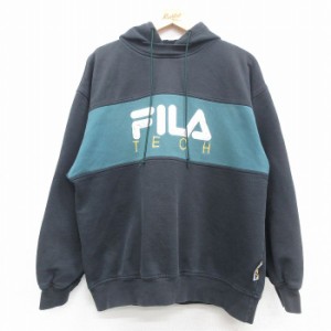 古着 フィラ FILA 長袖 スウェット パーカー メンズ 90年代 90s ビッグロゴ 刺繍 黒他 ブラック XLサイズ 中古 スエット トレ 中古 古着