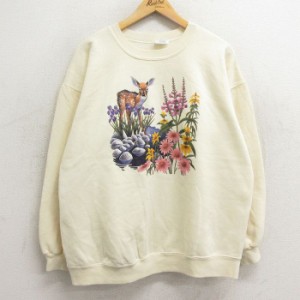 古着 長袖 スウェット メンズ 90年代 90s シカ 花 クルーネック USA製 薄黄 イエロー XLサイズ 中古 スエット トレーナー トッ 中古 古着