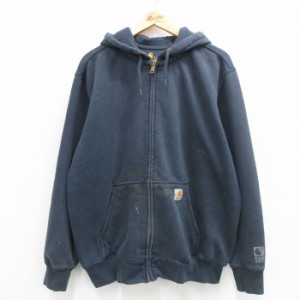 古着 カーハート Carhartt 長袖 フルジップ スウェット パーカー メンズ 大きいサイズ 紺 ネイビー XLサイズ 中古 スエット ト 中古 古着