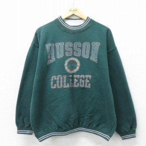 古着 長袖 スウェット メンズ 90年代 90s HUSSOＮ カレッジ クルーネック 緑 グリーン XLサイズ 中古 スエット トレーナー ト 中古 古着