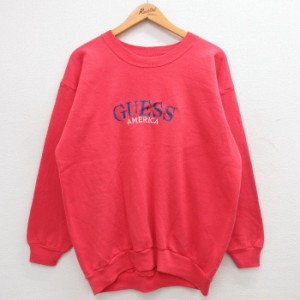 古着 GUESS ゲス 長袖 スウェット メンズ 90年代 90s ビッグロゴ アメリカ 刺繍 クルーネック USA製 赤 レッド Lサイズ 中古  中古 古着