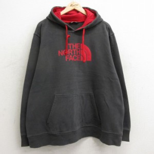 古着 ノースフェイス THE NORTH FACE 長袖 スウェット パーカー メンズ ビッグロゴ 大きいサイズ 濃グレー XLサイズ 中古 スエ 中古 古着