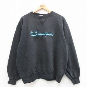 古着 チャンピオン Champion 長袖 スウェット メンズ 90年代 90s ビッグロゴ 刺繍 大きいサイズ クルーネック USA製 黒 ブラッ 中古 古着