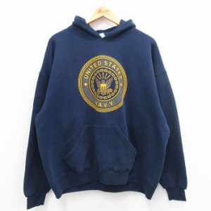 古着 長袖 スウェット パーカー メンズ 00年代 00s ミリタリ− ネイビー NAVY リフレクター 大きいサイズ USA製 紺 XLサイズ  中古 古着