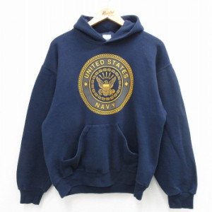 古着 長袖 スウェット パーカー メンズ 90年代 90s ミリタリー ネイビー NAVY リフレクター USA製 紺 Lサイズ 中古 スエット  中古 古着