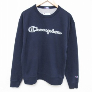 古着 チャンピオン Champion 長袖 スウェット メンズ ビッグロゴ 刺繍 クルーネック 紺 ネイビー Lサイズ 中古 スエット トレ 中古 古着