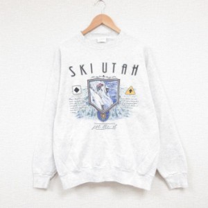 古着 長袖 スウェット メンズ 90年代 90s SKI UTAH スキー クルーネック USA製 薄グレー 霜降り Lサイズ 中古 スエット トレー 中古 古着