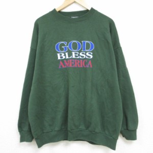 古着 TULTEX 長袖 スウェット メンズ 90年代 90s GOD BLESS AMERICA 大きいサイズ クルーネック 濃緑 グリーン XLサイズ 中古  中古 古着