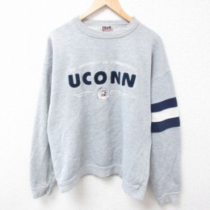 古着 長袖 スウェット メンズ 00年代 00s オオカミ UCONN 刺繍 クルーネック グレー 霜降り XLサイズ 中古 スエット トレーナ 中古 古着