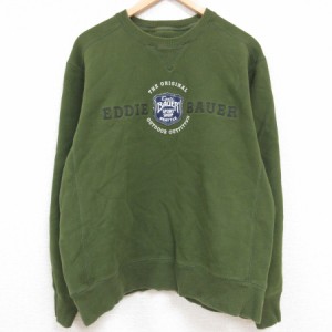 古着 エディーバウアー Eddie Bauer 長袖 スウェット メンズ ビッグロゴ 刺繍 クルーネック 濃緑 グリーン Lサイズ 中古 スエ 中古 古着