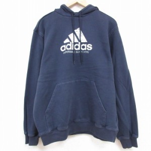 古着 アディダス adidas 長袖 スウェット パーカー メンズ ビッグロゴ 濃紺 ネイビー Lサイズ 中古 スエット トレーナー トッ 中古 古着