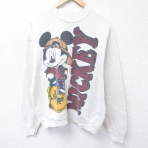 古着 長袖 スウェット メンズ 90年代 90s ディズニー DISNEY ミッキー MICKEY MOUSE クルーネック 白 ホワイト Lサイズ 中古  中古 古着