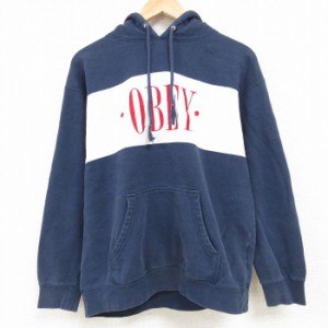 古着 オベイ OBEY 長袖 スウェット パーカー メンズ ビッグロゴ ツートンカラー 刺繍 濃紺 ネイビー Lサイズ 中古 スエット ト 中古 古着