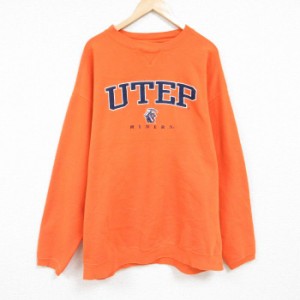 古着 長袖 スウェット メンズ UTEP 刺繍 大きいサイズ ロング丈 クルーネック オレンジ XLサイズ 中古 スエット トレーナー ト 中古 古着