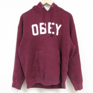 古着 オベイ OBEY 長袖 スウェット パーカー メンズ ビッグロゴ エンジ Lサイズ 中古 スエット トレーナー トップス 中古 古着