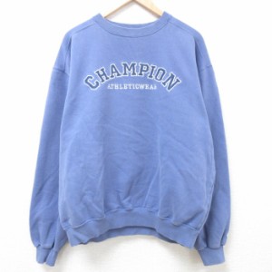 古着 チャンピオン Champion 長袖 スウェット メンズ 00年代 00s ビッグロゴ 刺繍 クルーネック 薄紺 ネイビー XLサイズ 中古  中古 古着