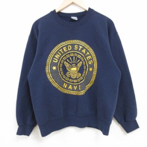 古着 長袖 スウェット メンズ 90年代 90s ミリタリー ネイビー NAVY リフレクター クルーネック USA製 濃紺 Mサイズ 中古 スエ 中古 古着