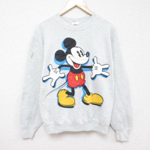 古着 長袖 スウェット メンズ 90年代 90s ディズニー DISNEY ミッキー MICKEY MOUSE クルーネック 薄グレー 霜降り Mサイズ 中 中古 古着