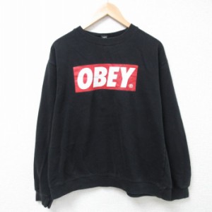 古着 オベイ OBEY 長袖 スウェット メンズ ビッグロゴ クルーネック 黒 ブラック Lサイズ 中古 スエット トレーナー トップス 中古 古着