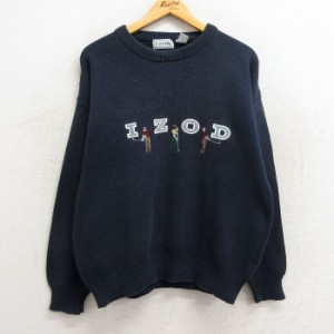 古着 IZOD 長袖 ブランド セーター メンズ 90年代 90s ビッグロゴ ゴルフ 刺繍 コットン クルーネック 紺 ネイビー XLサイズ  中古 古着