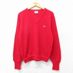 古着 ラコステ LACOSTE IZOD 長袖 ブランド セーター メンズ 90年代 90s ワンポイントロゴ アクリル Vネック USA製 赤 レッド  中古 古着