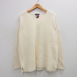 古着 トミーヒルフィガー TOMMY HILFIGER 長袖 ブランド セーター メンズ 90年代 90s 無地 コットン Vネック 生成り Lサイズ  中古 古着