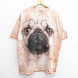 古着 半袖 Tシャツ メンズ 犬 パグ 大きいサイズ コットン クルーネック 茶 ブラウン タイダイ XLサイズ 中古 中古 古着