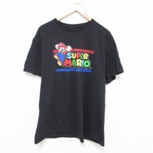 古着 半袖 Tシャツ メンズ ゲーム ニンテンドー スーパーマリオ コットン クルーネック 黒 ブラック XLサイズ 中古 中古 古着