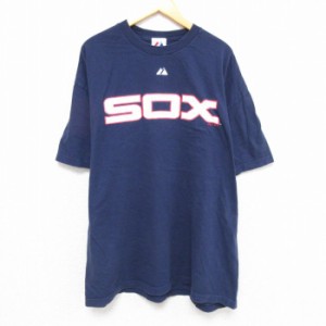 古着 マジェスティック 半袖 Tシャツ メンズ MLB ボストンレッドソックス 大きいサイズ クルーネック 紺 ネイビー メジャーリ 中古 古着