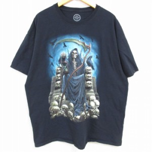 古着 半袖 Tシャツ メンズ 死神 大きいサイズ コットン クルーネック 黒 ブラック XLサイズ 中古 中古 古着