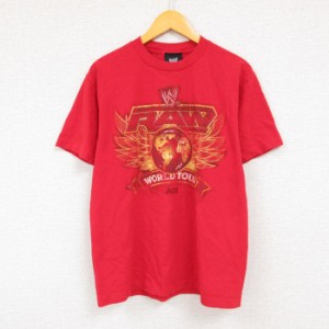 古着 半袖 Tシャツ メンズ ワールドプロレスリング RAW コットン クルーネック 赤 レッド Mサイズ 中古 中古 古着